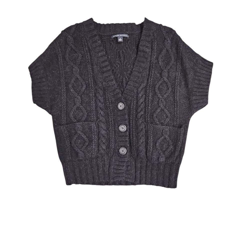 Banana Republic Womens Black Cable Knit Cardigan Wool Blend Size S Alpaca Office - Picture 2 of 8